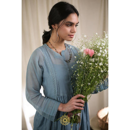 Rhua India Blue Gathered Kurta with Pant and Dupatta (Set of 3)