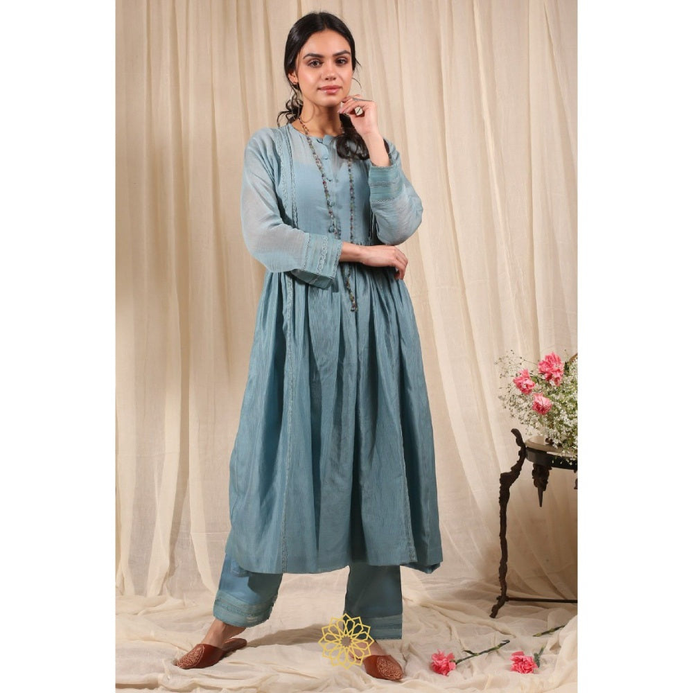 Rhua India Blue Gathered Kurta with Pant and Dupatta (Set of 3)