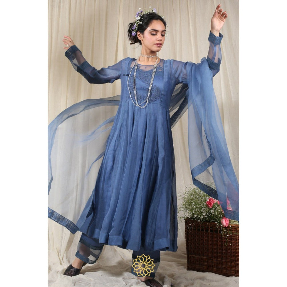Rhua India Blue Straight Kurta with Pant and Dupatta (Set of 3)