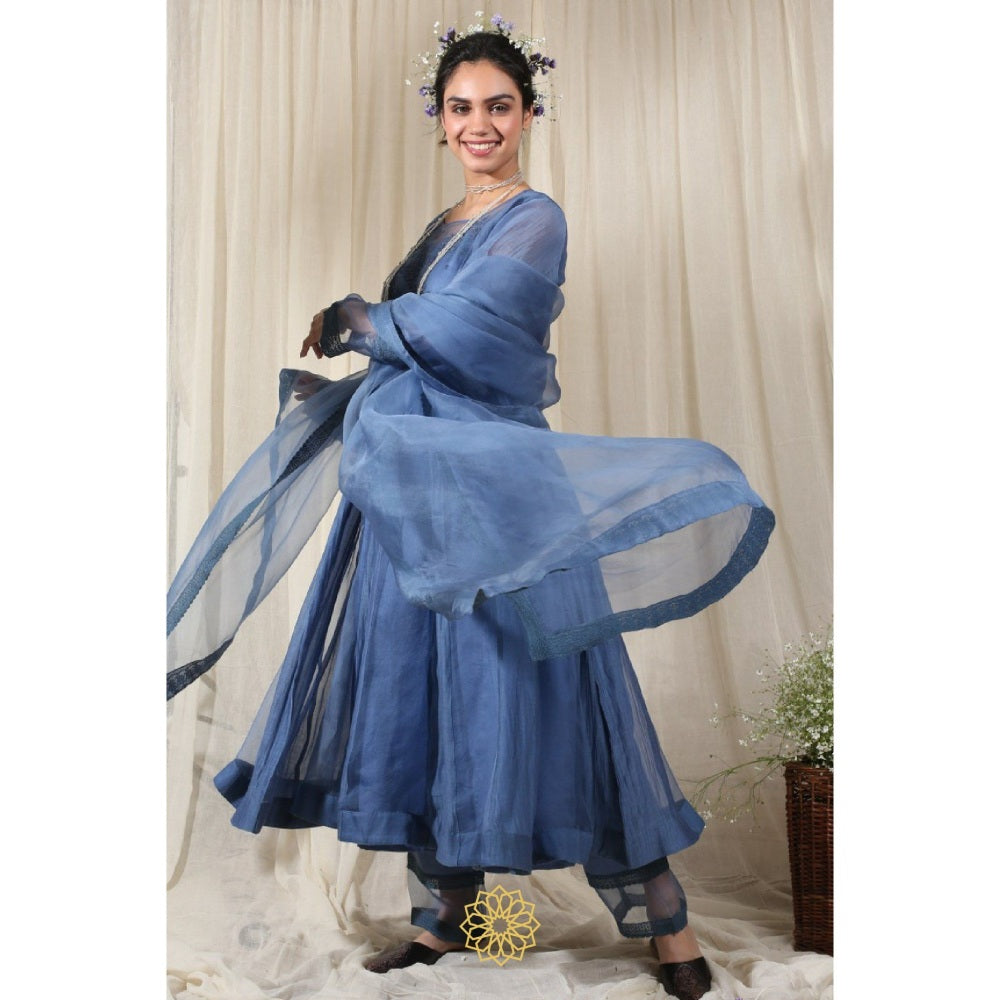 Rhua India Blue Straight Kurta with Pant and Dupatta (Set of 3)