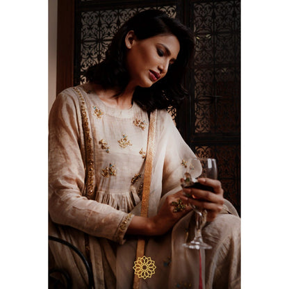 Rhua India Beige Moon Tissue Chanderi Anarkali with Slip, Pant and Dupatta (Set of 4)