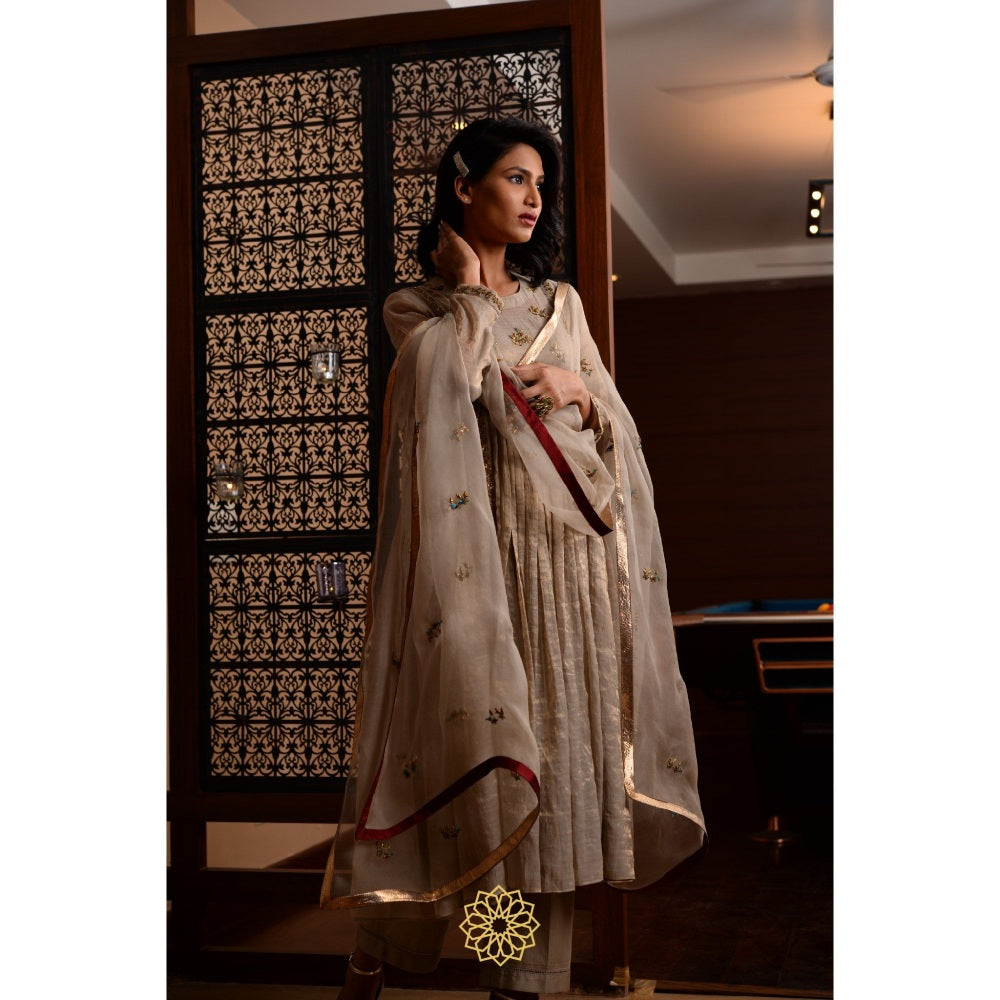 Rhua India Beige Moon Tissue Chanderi Anarkali with Slip, Pant and Dupatta (Set of 4)