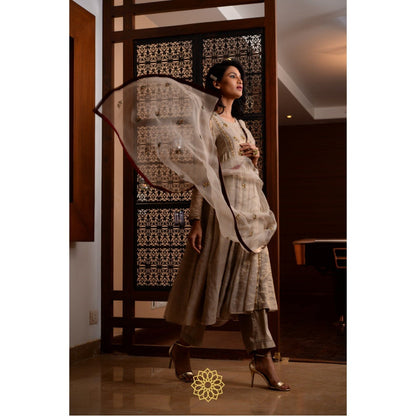 Rhua India Beige Moon Tissue Chanderi Anarkali with Slip, Pant and Dupatta (Set of 4)