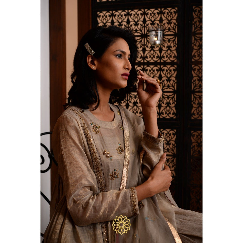 Rhua India Beige Moon Tissue Chanderi Anarkali with Slip, Pant and Dupatta (Set of 4)