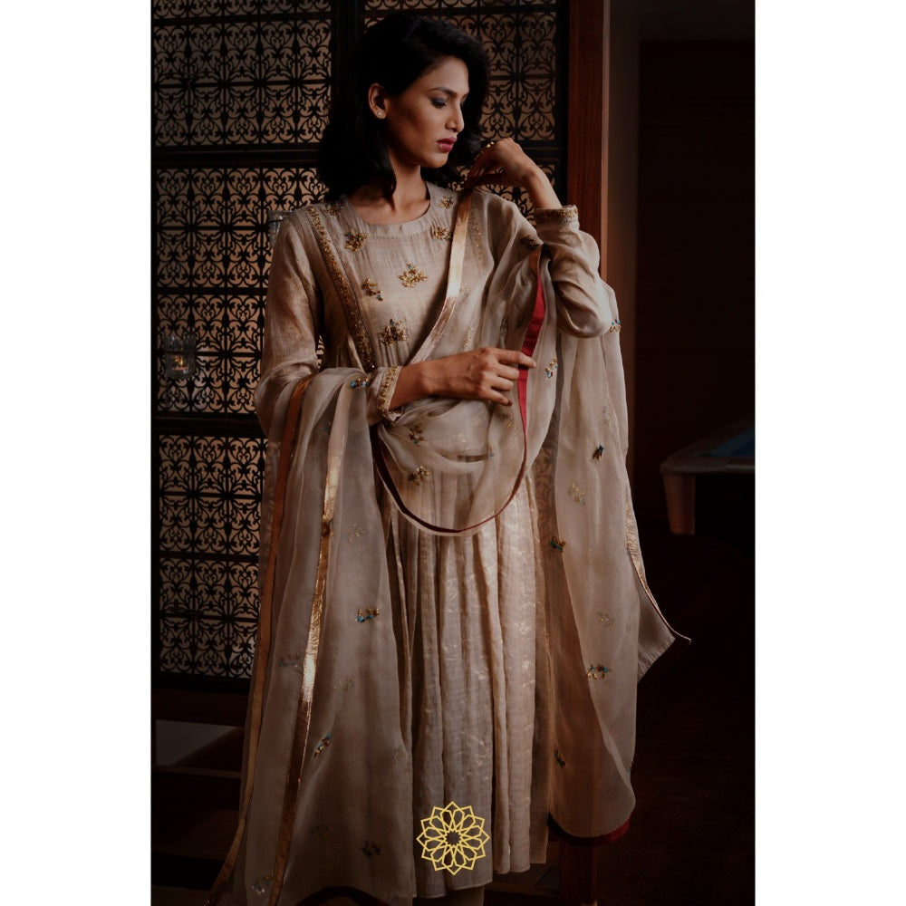 Rhua India Beige Moon Tissue Chanderi Anarkali with Slip, Pant and Dupatta (Set of 4)