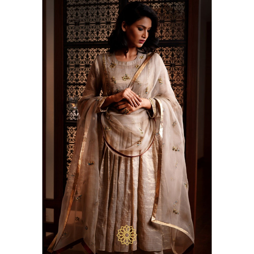 Rhua India Beige Moon Tissue Chanderi Anarkali with Slip, Pant and Dupatta (Set of 4)
