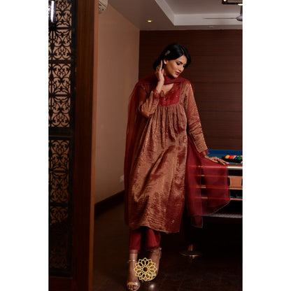 Rhua India Maroon Merlot Straight Kurta with Pant and Dupatta (Set of 3)