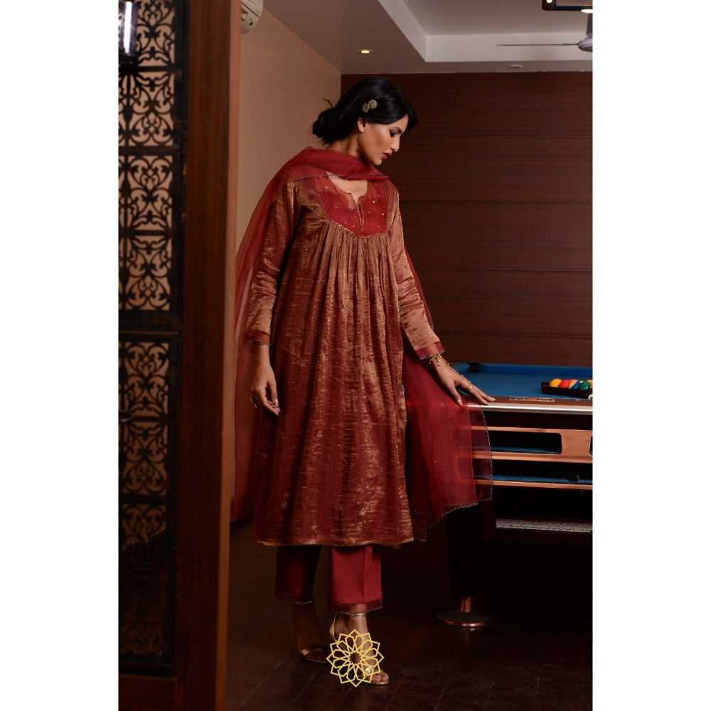 Rhua India Maroon Merlot Straight Kurta with Pant and Dupatta (Set of 3)
