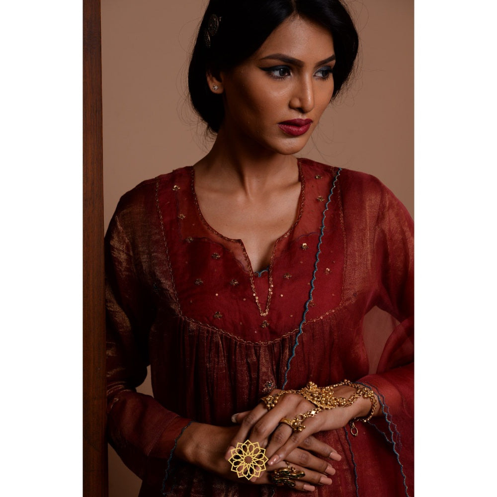Rhua India Maroon Merlot Straight Kurta with Pant and Dupatta (Set of 3)