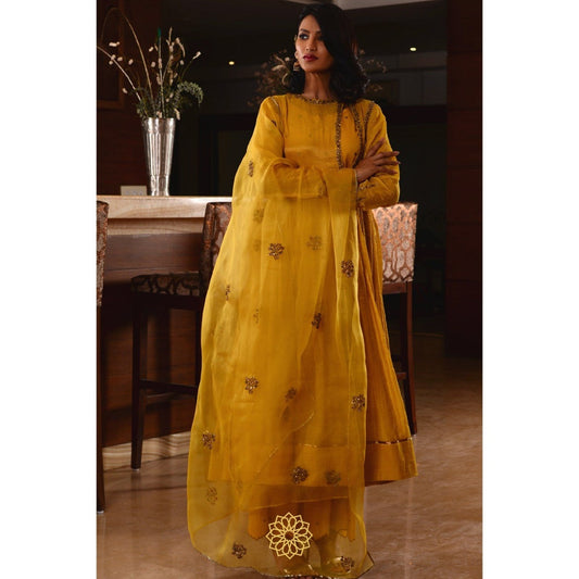 Rhua India Yellow Amber Anarkali with Slip, Palazzo and Dupatta (Set of 4)