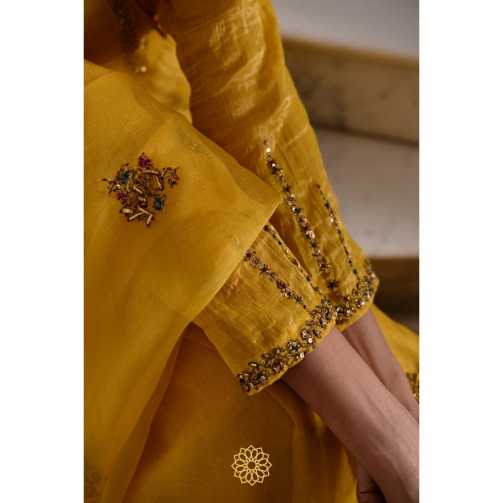Rhua India Yellow Amber Anarkali with Slip, Palazzo and Dupatta (Set of 4)