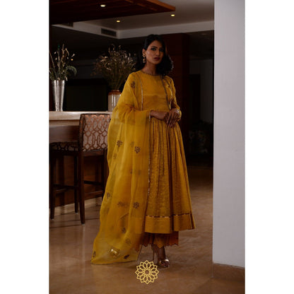 Rhua India Yellow Amber Anarkali with Slip, Palazzo and Dupatta (Set of 4)