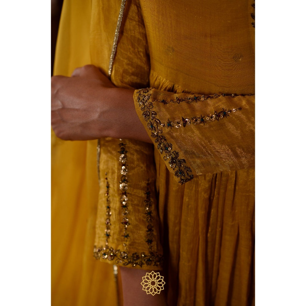 Rhua India Yellow Amber Anarkali with Slip, Palazzo and Dupatta (Set of 4)