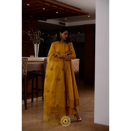 Rhua India Yellow Amber Anarkali with Slip, Palazzo and Dupatta (Set of 4)
