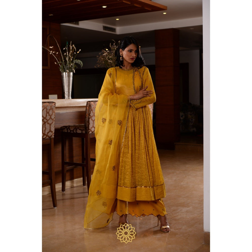 Rhua India Yellow Amber Anarkali with Slip, Palazzo and Dupatta (Set of 4)
