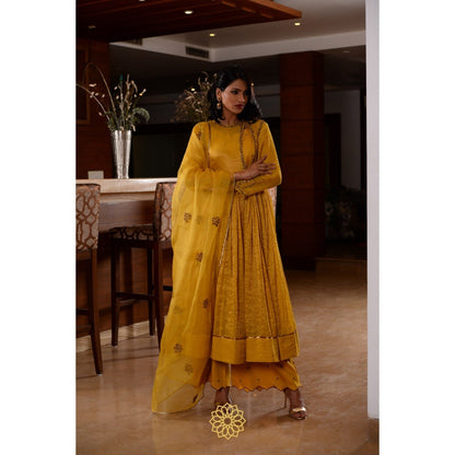 Rhua India Yellow Amber Anarkali with Slip, Palazzo and Dupatta (Set of 4)