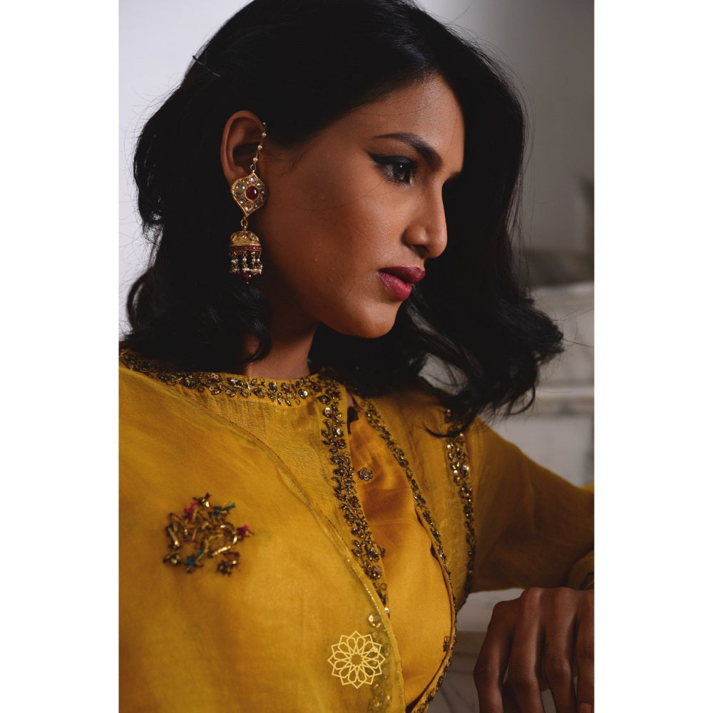 Rhua India Yellow Amber Anarkali with Slip, Palazzo and Dupatta (Set of 4)