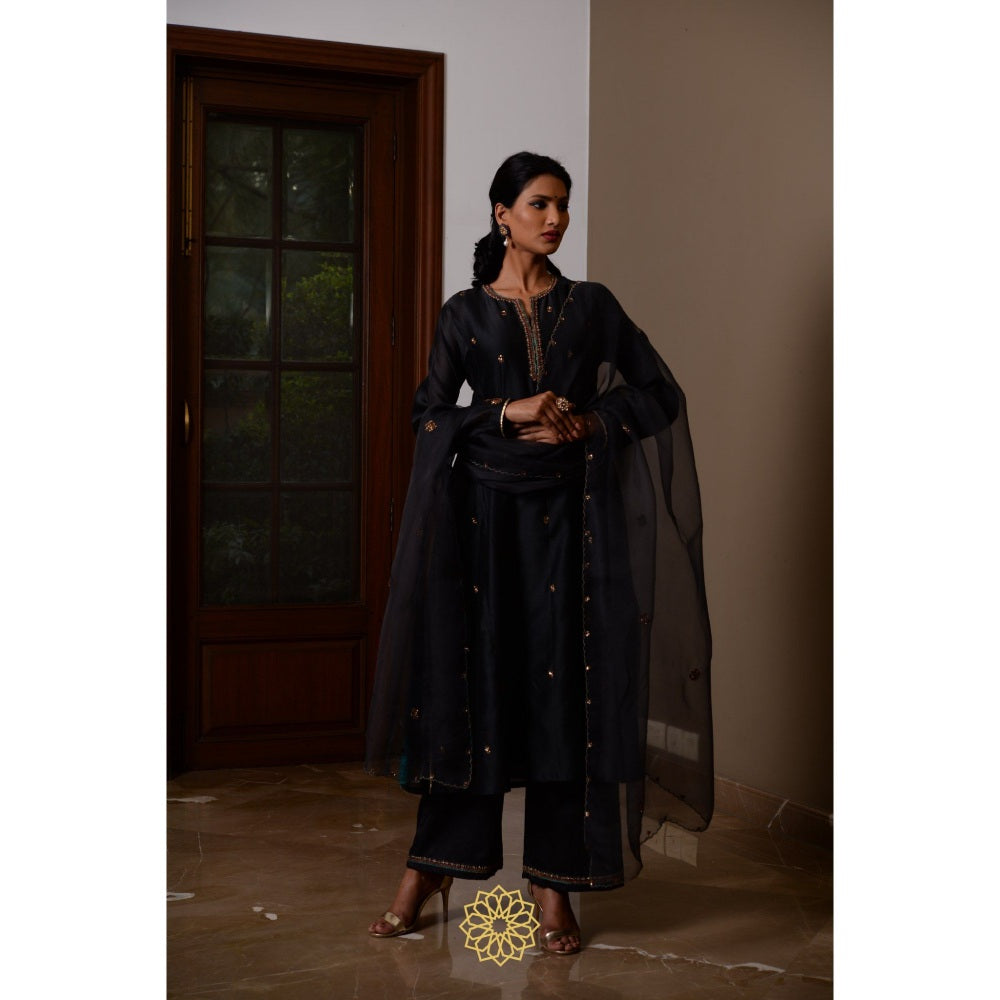 Rhua India Black Ebony Straight Kurta with Pant and Dupatta (Set of 3)
