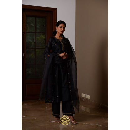 Rhua India Black Ebony Straight Kurta with Pant and Dupatta (Set of 3)