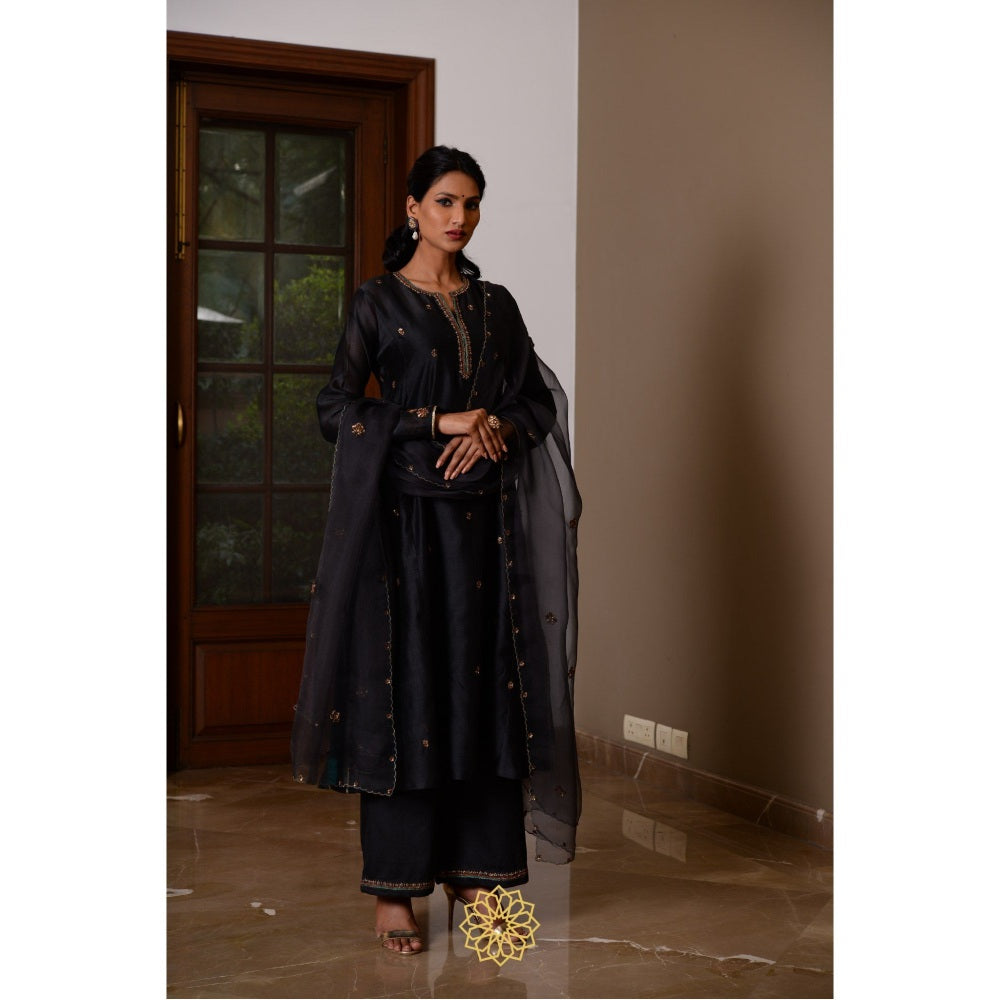 Rhua India Black Ebony Straight Kurta with Pant and Dupatta (Set of 3)
