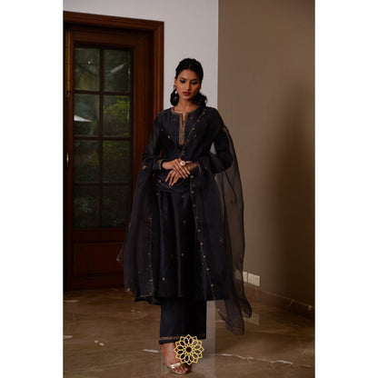 Rhua India Black Ebony Straight Kurta with Pant and Dupatta (Set of 3)