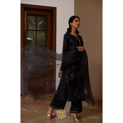 Rhua India Black Ebony Straight Kurta with Pant and Dupatta (Set of 3)