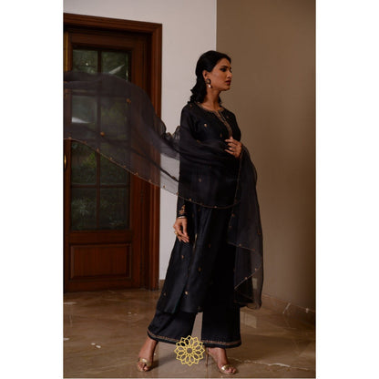 Rhua India Black Ebony Straight Kurta with Pant and Dupatta (Set of 3)