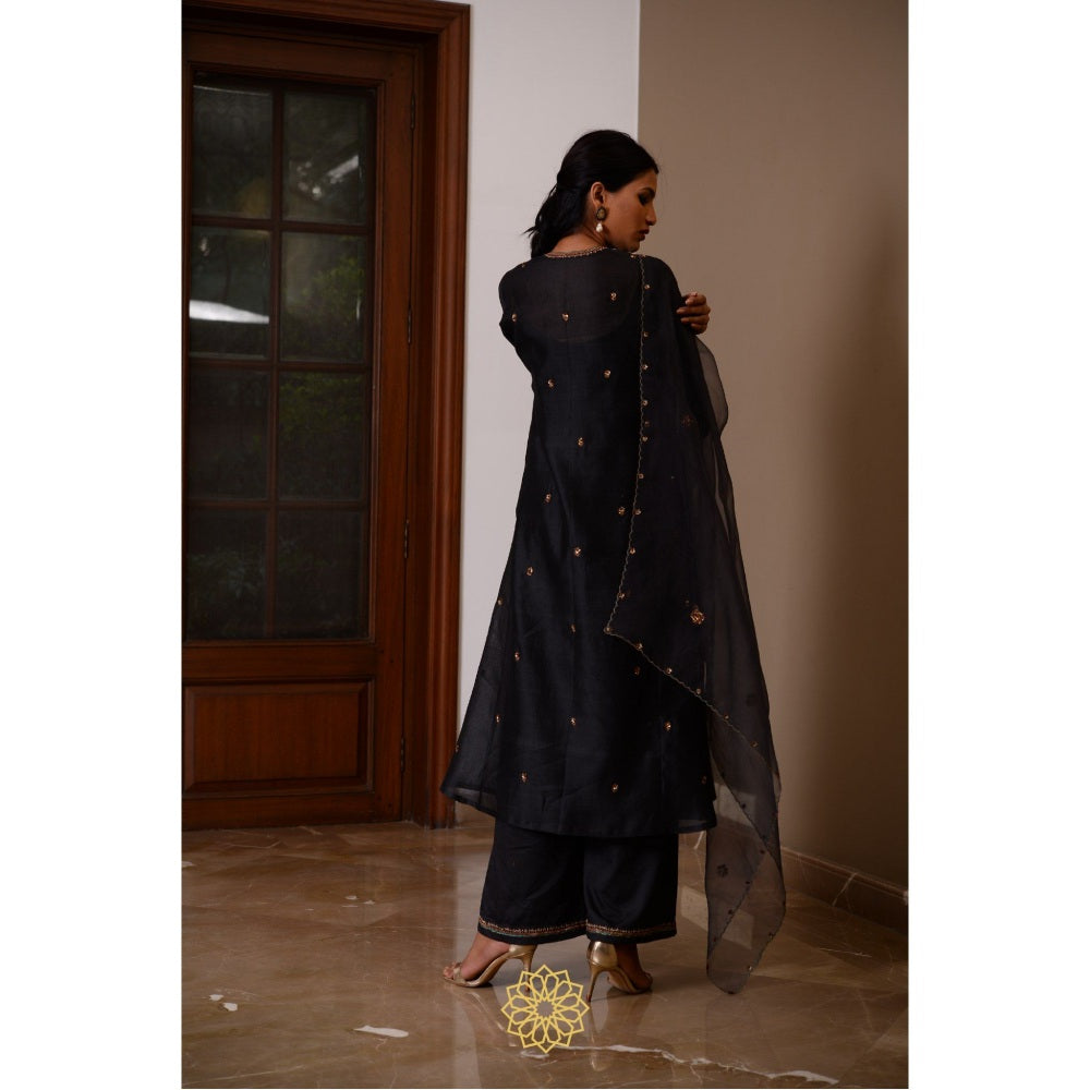 Rhua India Black Ebony Straight Kurta with Pant and Dupatta (Set of 3)