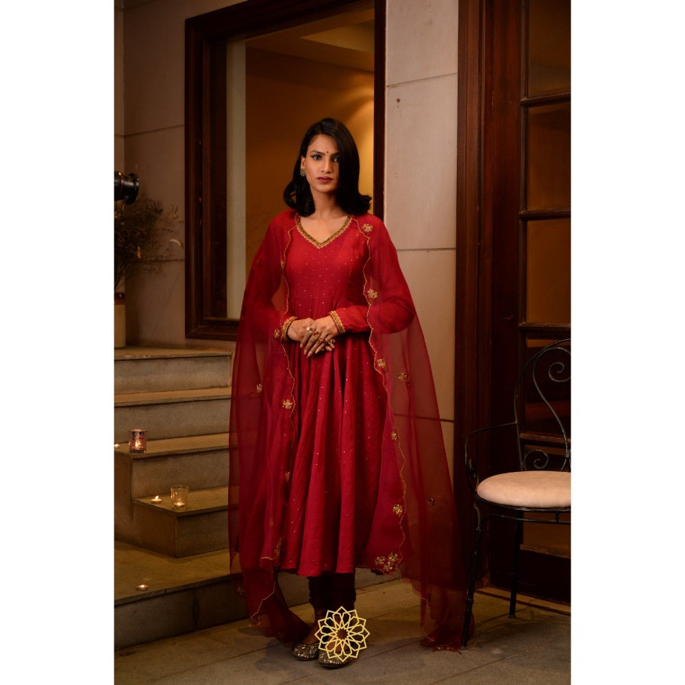 Rhua India Red Scarlet Anarkali with Churidar and Dupatta (Set of 3)