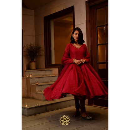 Rhua India Red Scarlet Anarkali with Churidar and Dupatta (Set of 3)