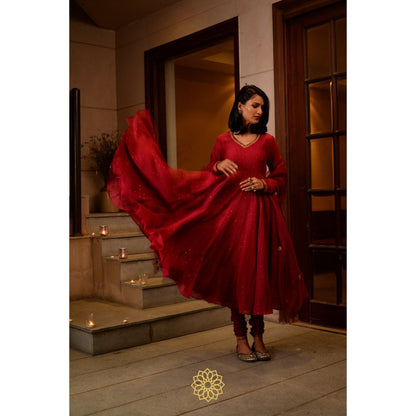 Rhua India Red Scarlet Anarkali with Churidar and Dupatta (Set of 3)