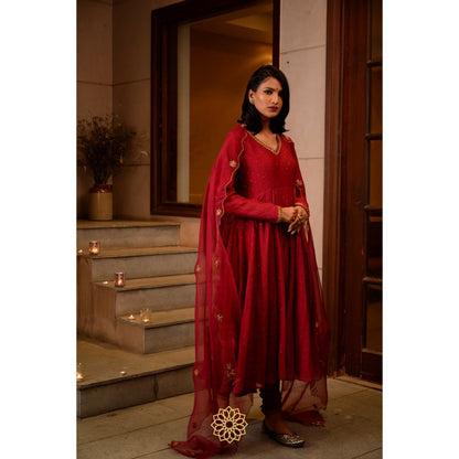 Rhua India Red Scarlet Anarkali with Churidar and Dupatta (Set of 3)