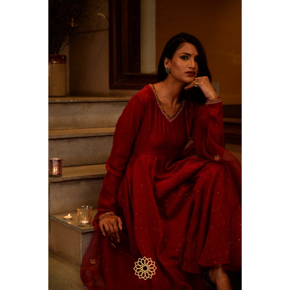 Rhua India Red Scarlet Anarkali with Churidar and Dupatta (Set of 3)