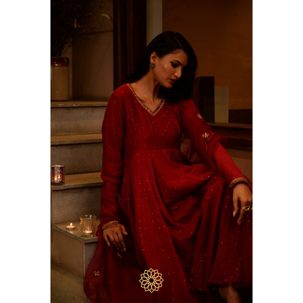 Rhua India Red Scarlet Anarkali with Churidar and Dupatta (Set of 3)