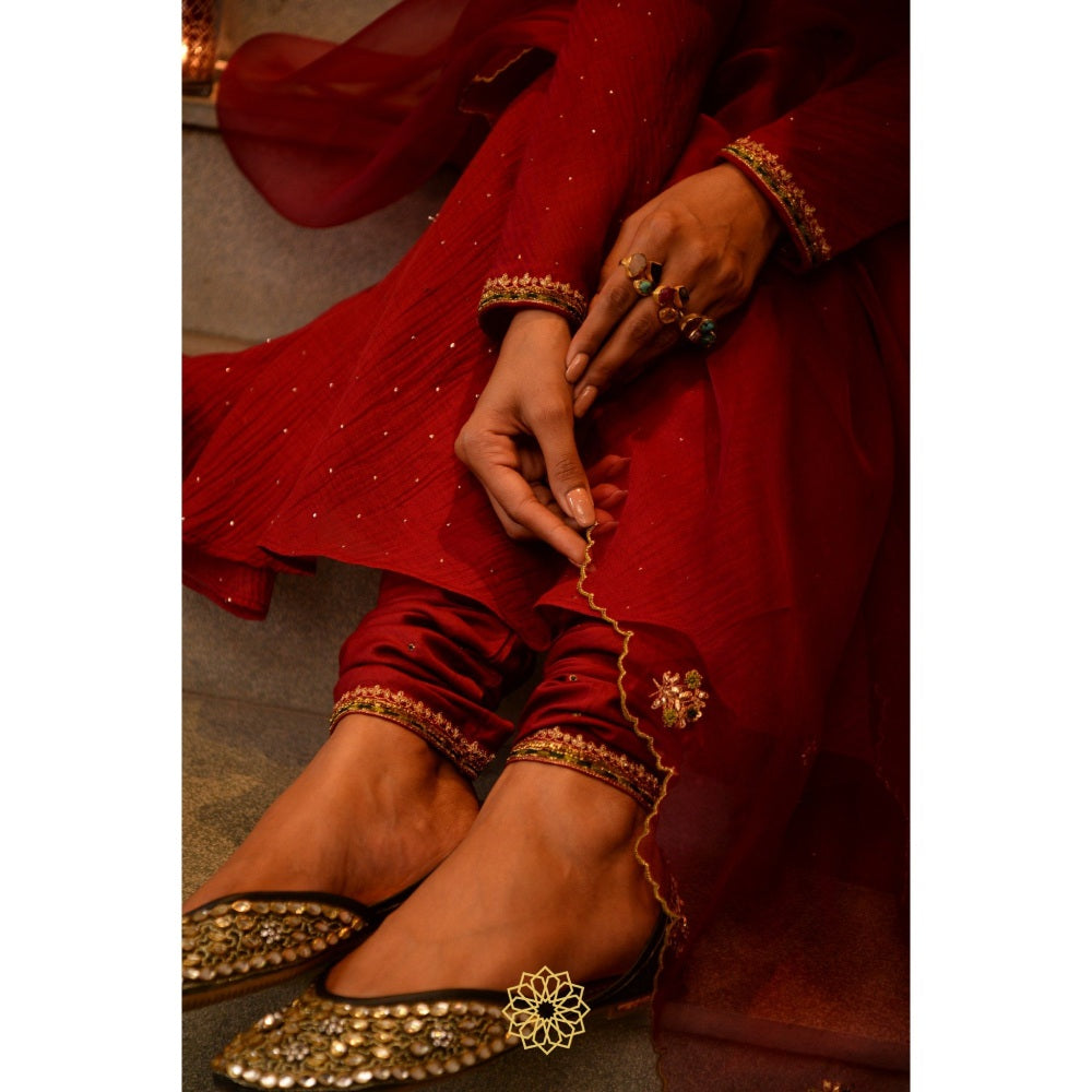 Rhua India Red Scarlet Anarkali with Churidar and Dupatta (Set of 3)