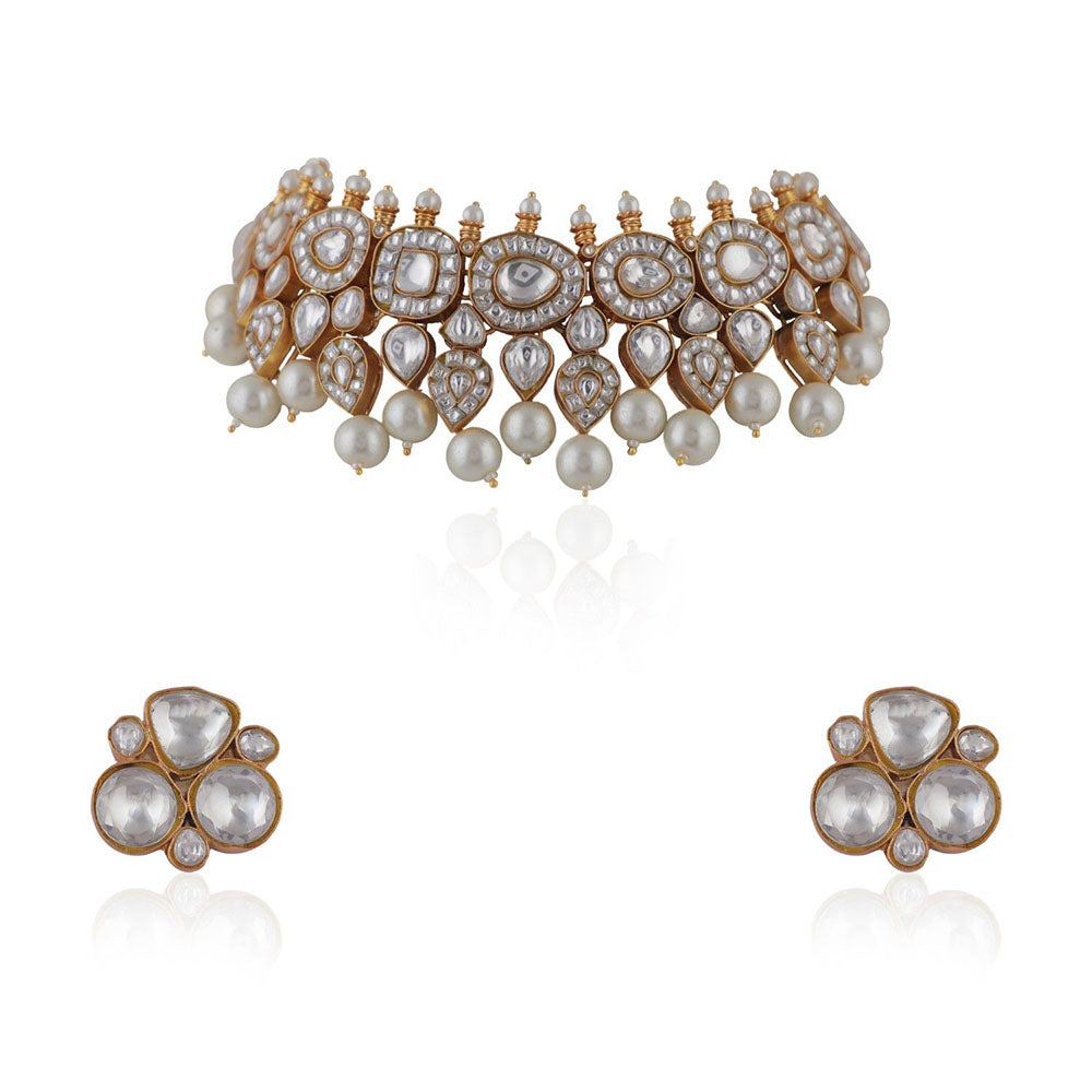 RIANA JEWELLERY White Jadtar Necklace Set