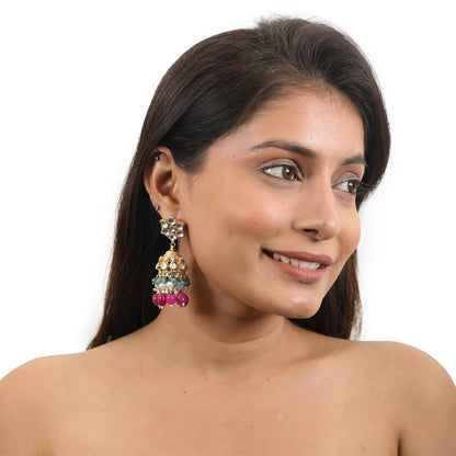 RIANA JEWELLERY Multicoloured Jhumki Earrings with White Jadtar Stones