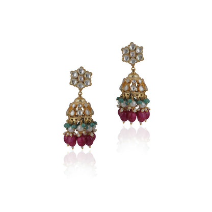 RIANA JEWELLERY Multicoloured Jhumki Earrings with White Jadtar Stones