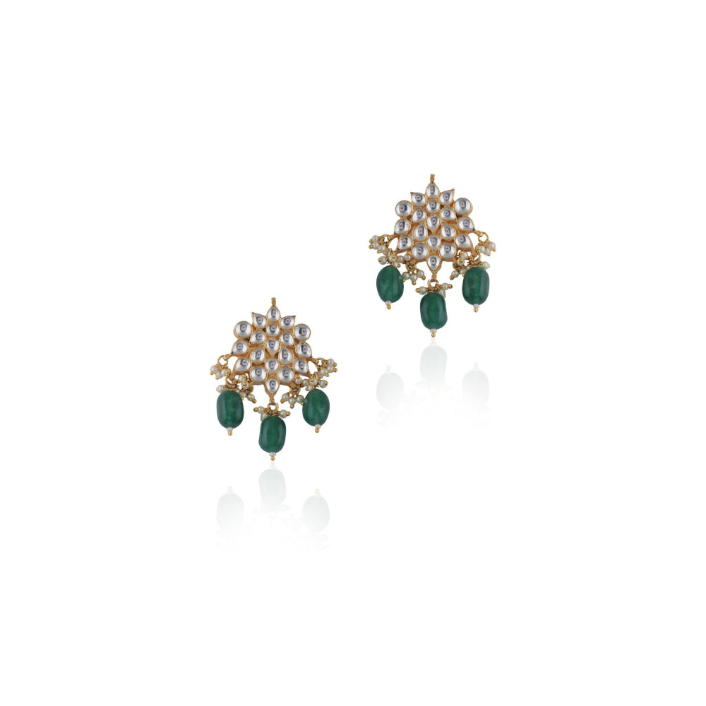 RIANA JEWELLERY Green Beads Floral White Jadtar Small Earrings