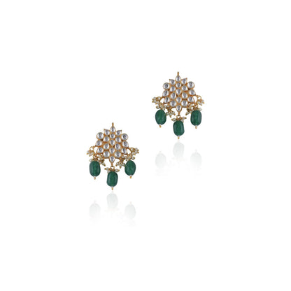 RIANA JEWELLERY Green Beads Floral White Jadtar Small Earrings