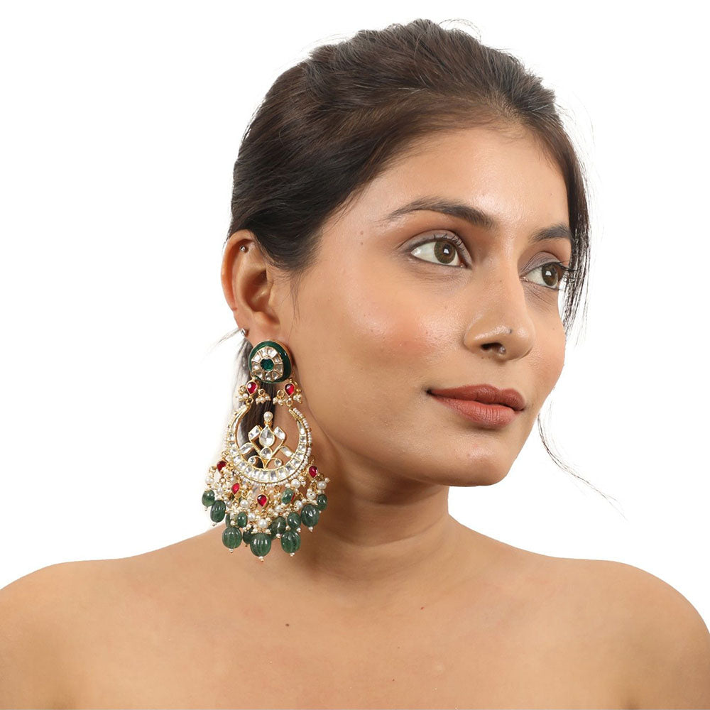 RIANA JEWELLERY Green & Pink Shape White Jadtar Chandbaali