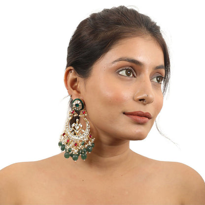 RIANA JEWELLERY Green & Pink Shape White Jadtar Chandbaali