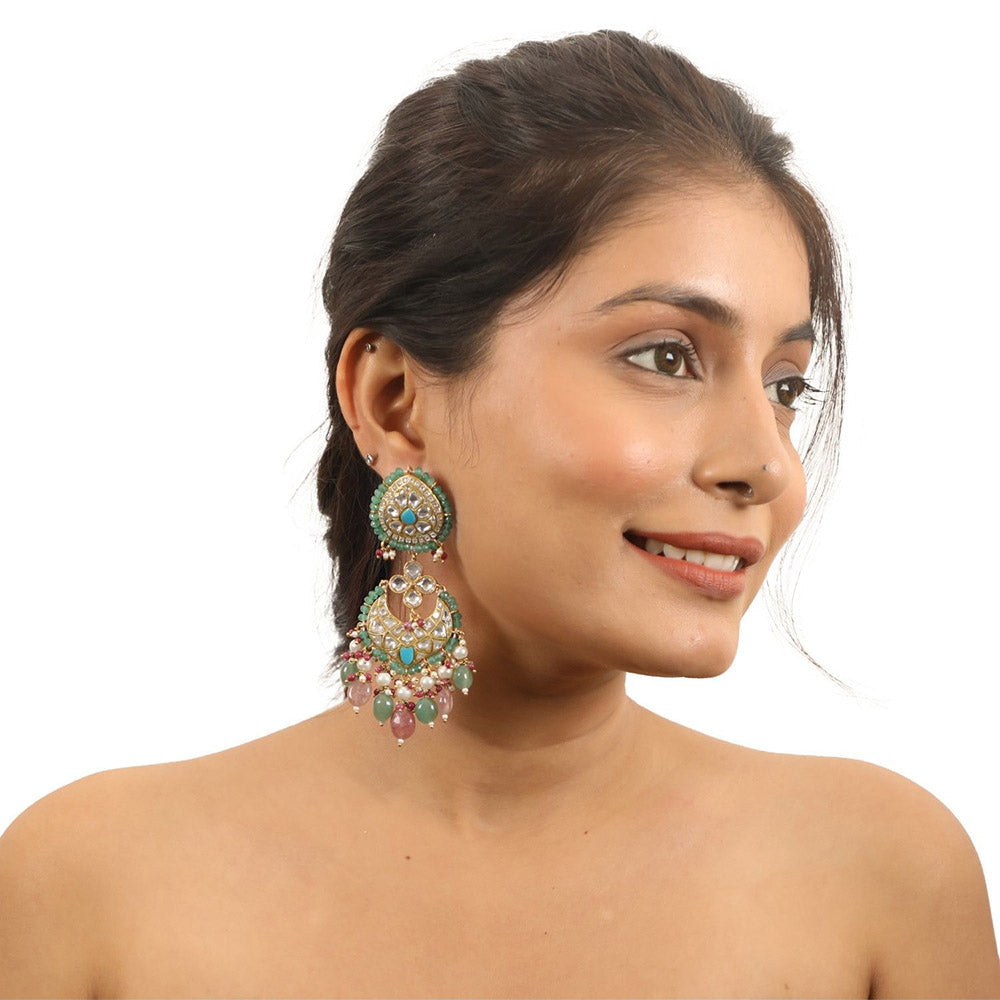 RIANA JEWELLERY Firozi Earrings with Pastel Pink Beads
