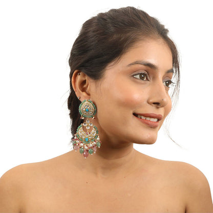RIANA JEWELLERY Firozi Earrings with Pastel Pink Beads