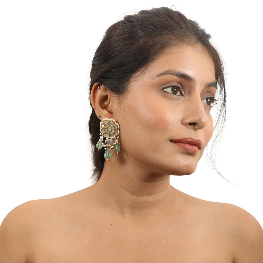 RIANA JEWELLERY Other Of Pearl Stone Studded Studs with Sea Green Drops & Pearls