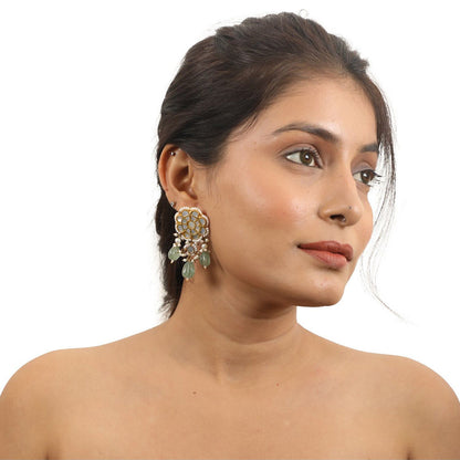 RIANA JEWELLERY Other Of Pearl Stone Studded Studs with Sea Green Drops & Pearls