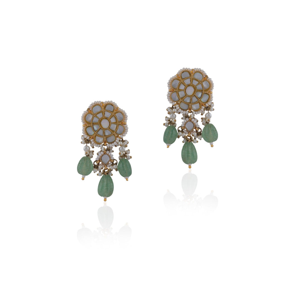 RIANA JEWELLERY Other Of Pearl Stone Studded Studs with Sea Green Drops & Pearls