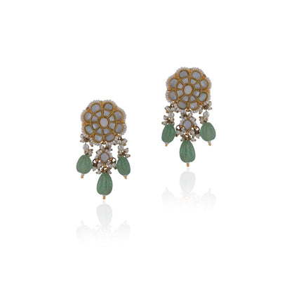 RIANA JEWELLERY Other Of Pearl Stone Studded Studs with Sea Green Drops & Pearls