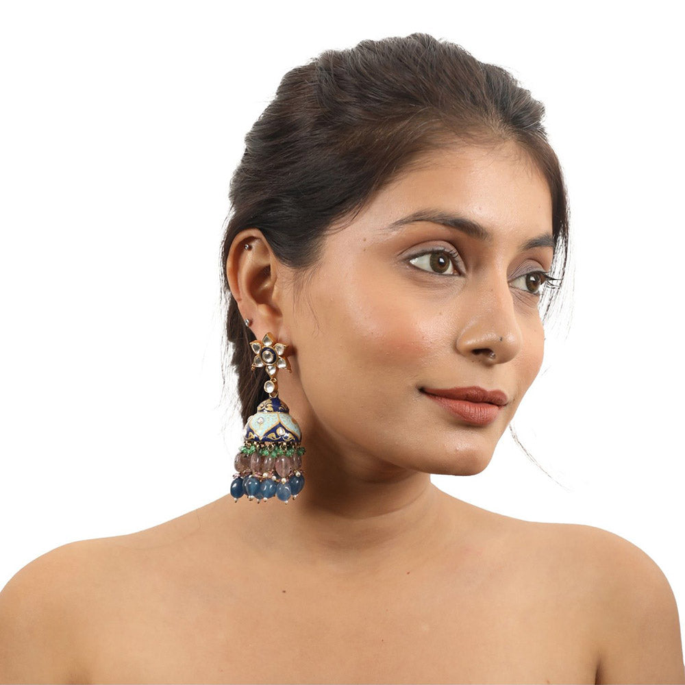 RIANA JEWELLERY Pastel Pink & Blue Beads Firozi Minakari Jhumki