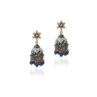 RIANA JEWELLERY Pastel Pink & Blue Beads Firozi Minakari Jhumki